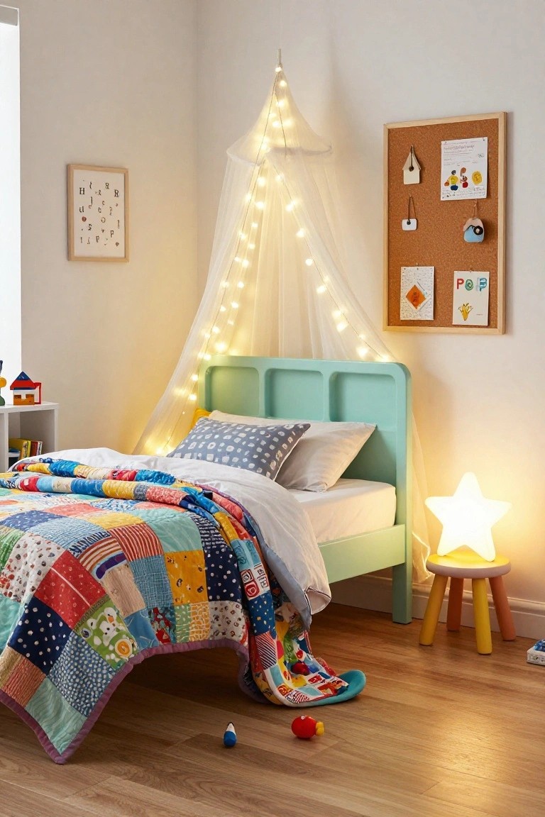 Child's bedroom with turquoise bed frame draped in white fairy light canopy, colorful patchwork quilt, star lamp on stool, corkboard on wall, toys on floor.
