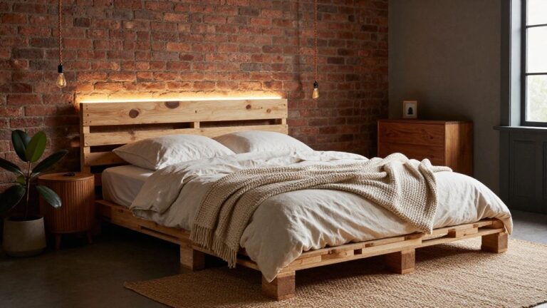 Bedroom with exposed brick walls, wooden pallet bed frame lit by warm lights underneath, white sheets and pillows, knit throw, large potted plant, wooden nightstand and dresser, pendant bulb, and seagrass rug on concrete floor.