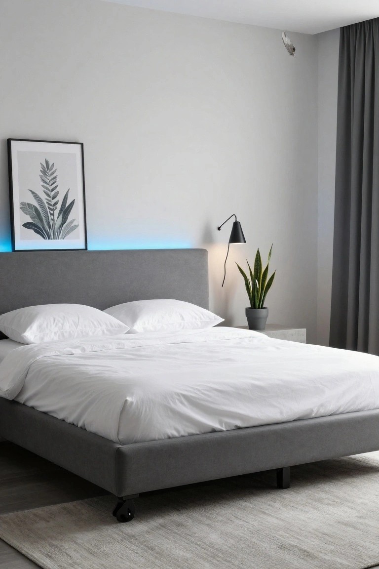 Gray Bed Frame with Headboard LED Lights
