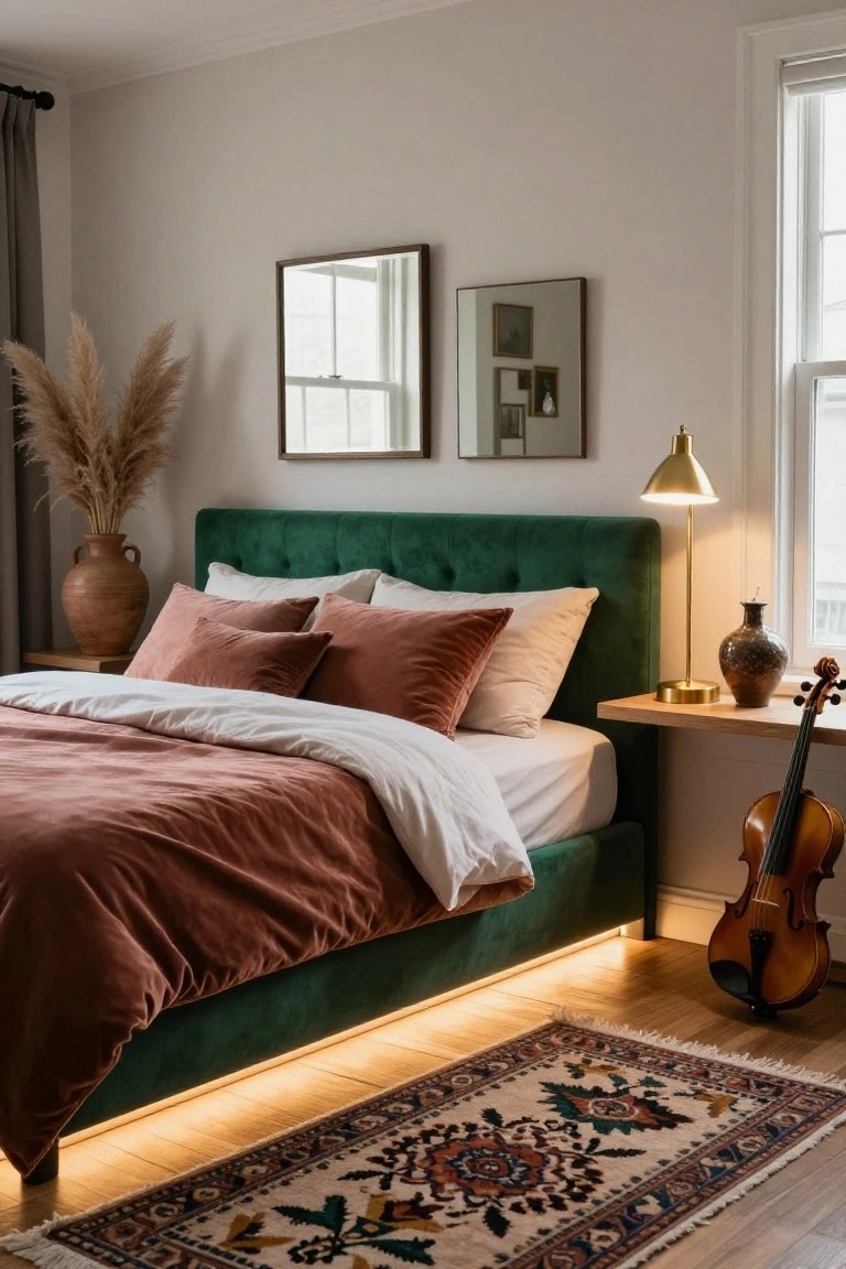 Bedroom with emerald green velvet upholstered bed frame featuring warm underbed lighting, rust velvet pillows and duvet on white sheets, brass lamp and violin on bedside table, pampas grass in terracotta pot, mirrors on wall, and patterned rug on wood floor.