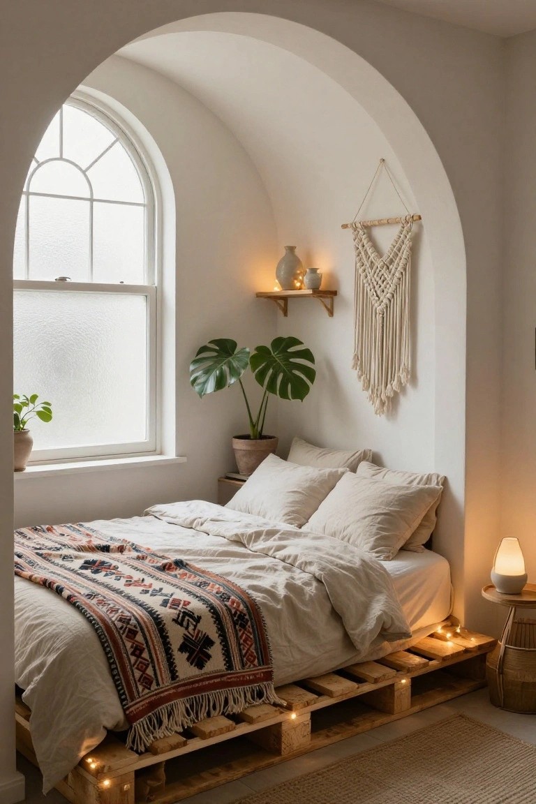 Bedroom corner with low wooden pallet bed frame strung with lights underneath, neutral bedding, plants on shelves, and arched window.
