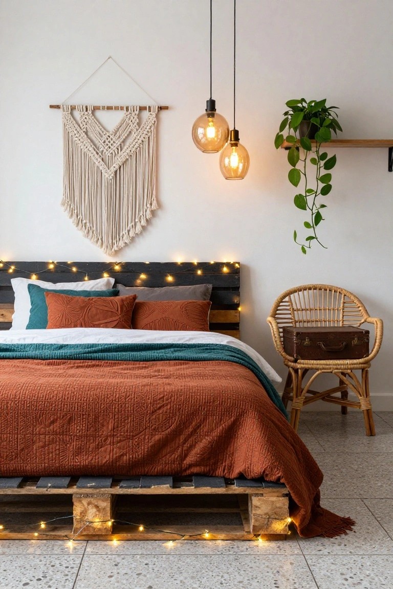 Bedroom interior with a dark pallet wood bed frame strung with white fairy lights along the headboard and base, orange quilted bedding with teal sheets, macrame wall hanging, pendant globe lights, hanging plants, and rattan armchair holding a brown suitcase.
