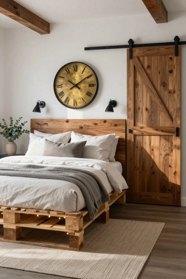 Bedroom with a low bed frame made from stacked wooden pallets strung with white LED lights underneath, wooden headboard, white linens, gray throw blanket, eucalyptus in vase, gold clock on wall, black sconces, and barn-style sliding door.