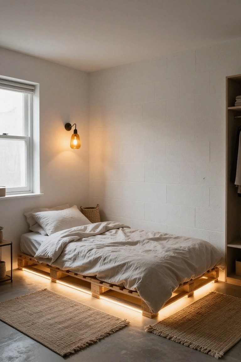 Minimalist bedroom with low wooden pallet bed frame elevated by LED strip lights underneath, white linen bedding, exposed white block walls, wall lamp, and seagrass rugs on concrete floor.