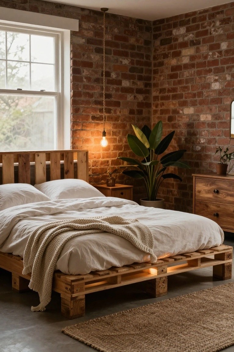 Bedroom with exposed brick walls, wooden pallet bed frame lit by warm lights underneath, white sheets and pillows, knit throw, large potted plant, wooden nightstand and dresser, pendant bulb, and seagrass rug on concrete floor.