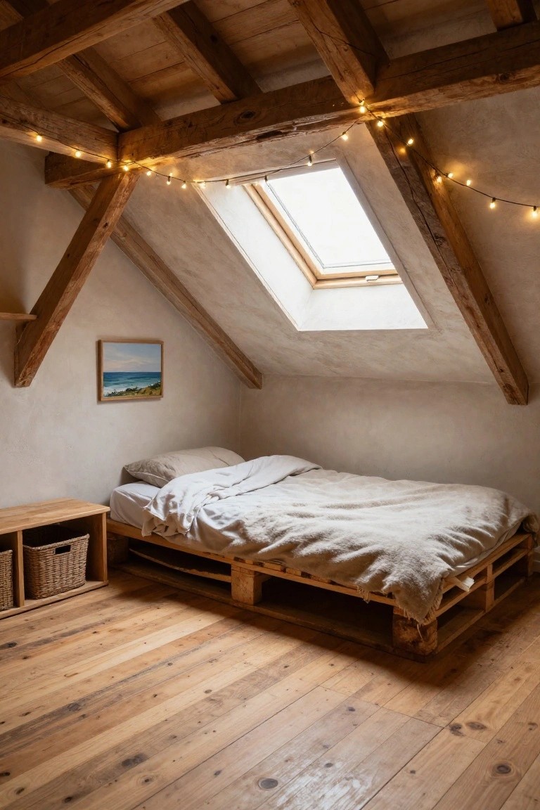 Attic bedroom with exposed wooden beams strung with fairy lights, a skylight in the sloped ceiling, a low bed frame made from wooden pallets with white linens, a small wooden bench with baskets, and a framed painting of ocean waves on the wall.