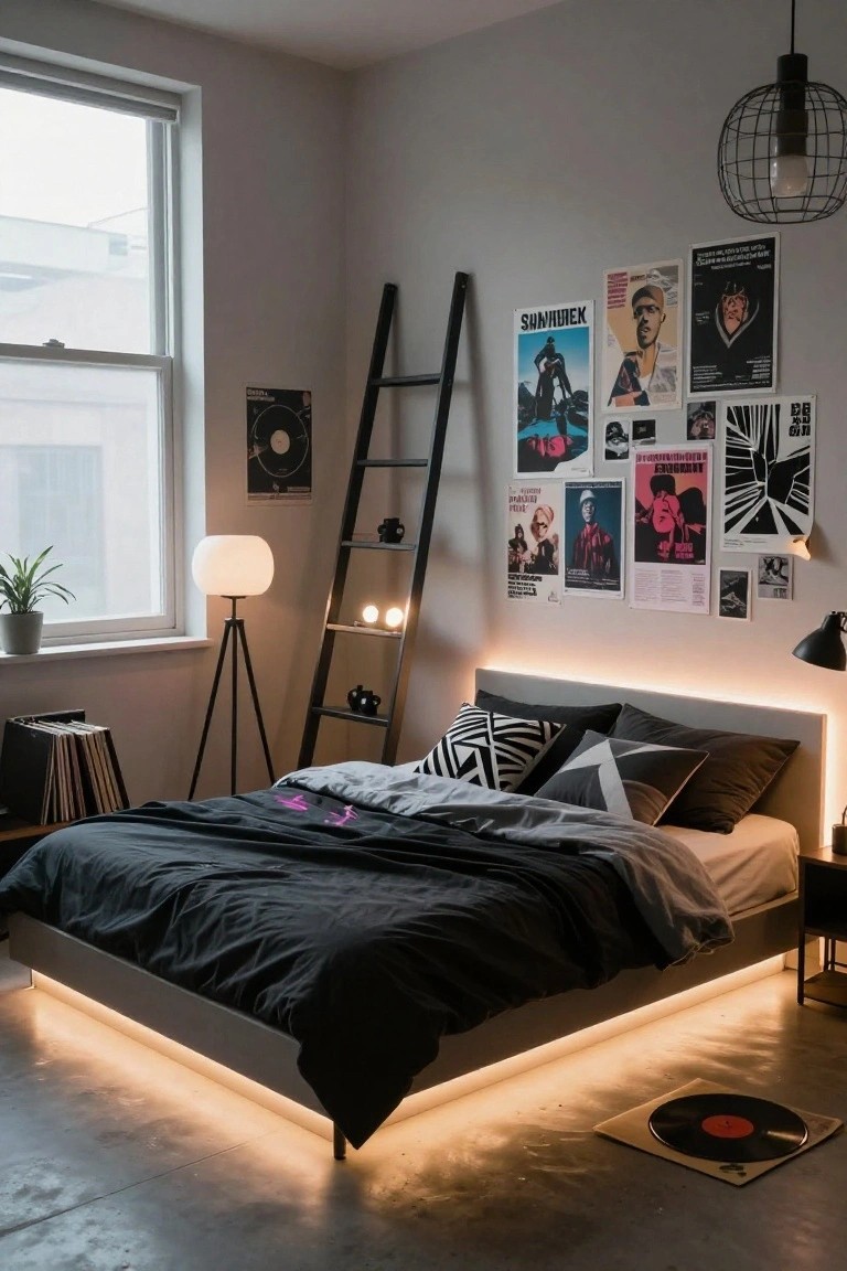 Modern bedroom interior with low platform bed featuring LED lights underneath, black duvet and patterned pillows, posters on gray walls, black ladder shelf, tripod lamp, vinyl records, and concrete floor.