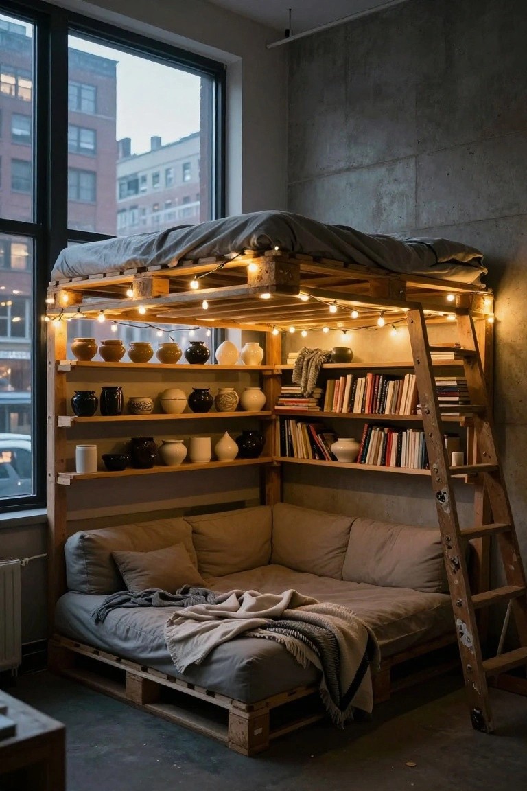 Corner of an industrial loft bedroom with elevated wooden pallet bed frame strung with fairy lights, integrated shelves displaying pottery and books, wooden ladder, low pallet couch with blankets, concrete walls, and large windows overlooking city.