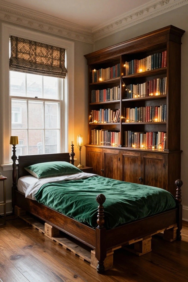 Small wooden poster bed with green velvet bedding and pillows raised on stacked wooden pallets, positioned beside a tall wooden bookcase filled with books and illuminated by fairy lights and two antique lamps, in a room with hardwood floors and a large window covered by patterned blinds.