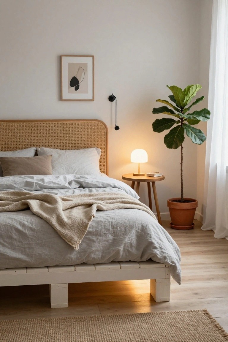 Bedroom corner with a white platform bed featuring rattan headboard and linen bedding draped over it, a wooden nightstand with white lamp and books, tall fiddle leaf fig plant in terracotta pot, wall sconce, and warm glow from under the bed frame on light wood floors.