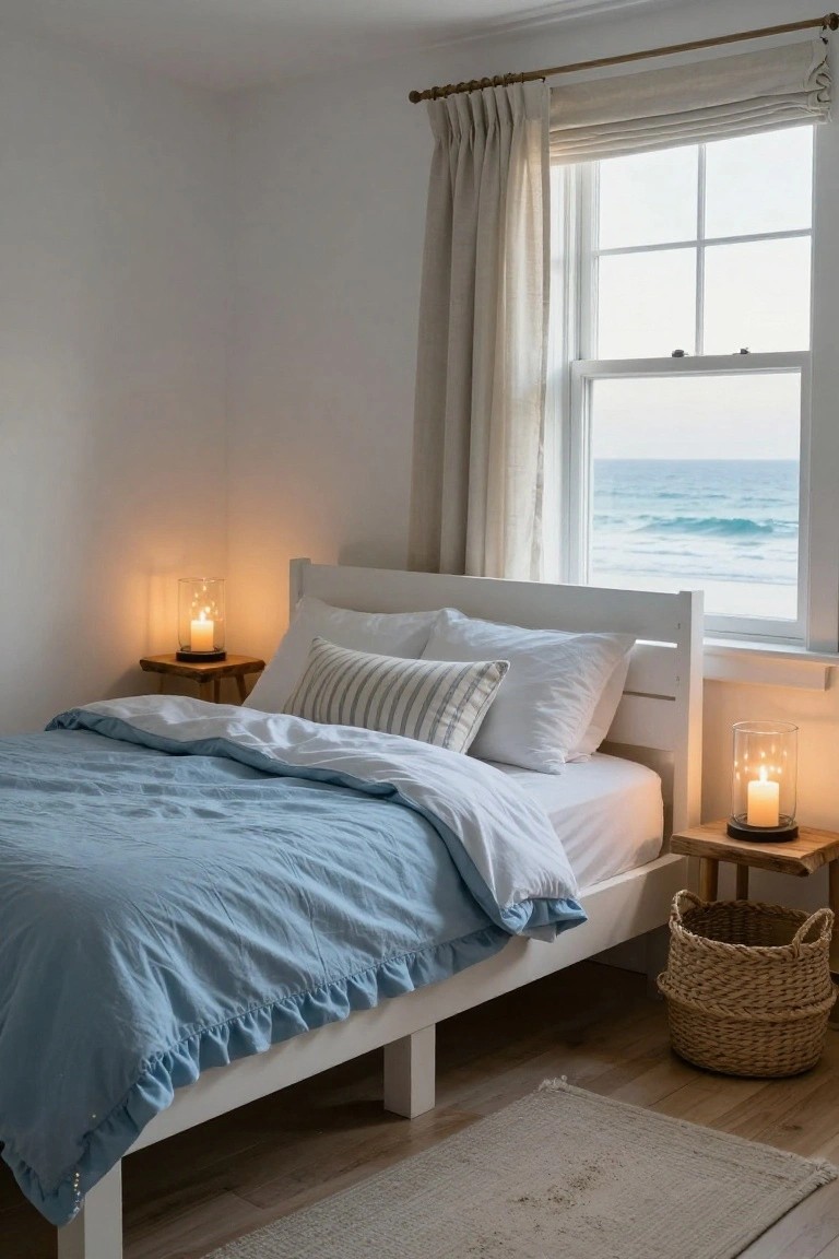 White wooden platform bed with blue linen duvet and white pillows in a light bedroom, flanked by wooden nightstands with glass candle lanterns, large window showing ocean view, linen curtains, wicker basket, and seagrass rug on wood floor.