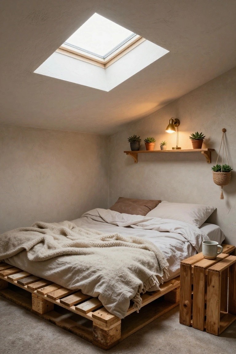Attic bedroom featuring a low bed frame made from wooden pallets with white bedding and knit throw, skylight overhead, wall-mounted shelves with potted plants, brass wall lamp, and wooden crate nightstand.