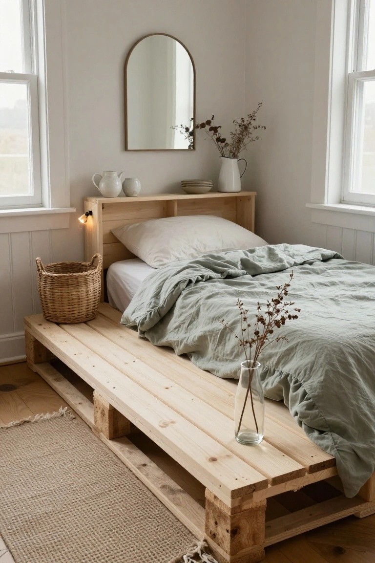 Bedroom corner with a low bed on stacked wooden pallet platform, draped in sage green linen sheets over white bedding, wooden crate shelves as headboard with lamp and ceramics, arched mirror on wall, wicker basket beside bed, and neutral rug on wood floor.