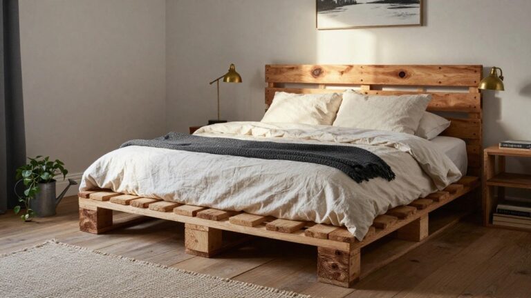 Bedroom interior with a wooden pallet bed frame raised on legs, featuring white linen bedding, gray knit throw, gold wall sconces, potted plant on nightstand, and books on the floor.