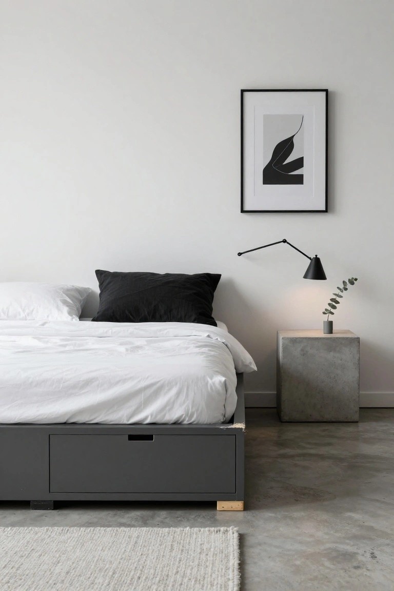 Minimalist bedroom featuring a low dark gray platform bed frame with underbed drawer, white duvet and pillows including one black pillow, concrete cube nightstand with black wall lamp and eucalyptus sprig in gray vase, abstract art on white wall, polished concrete floor, and white rug.