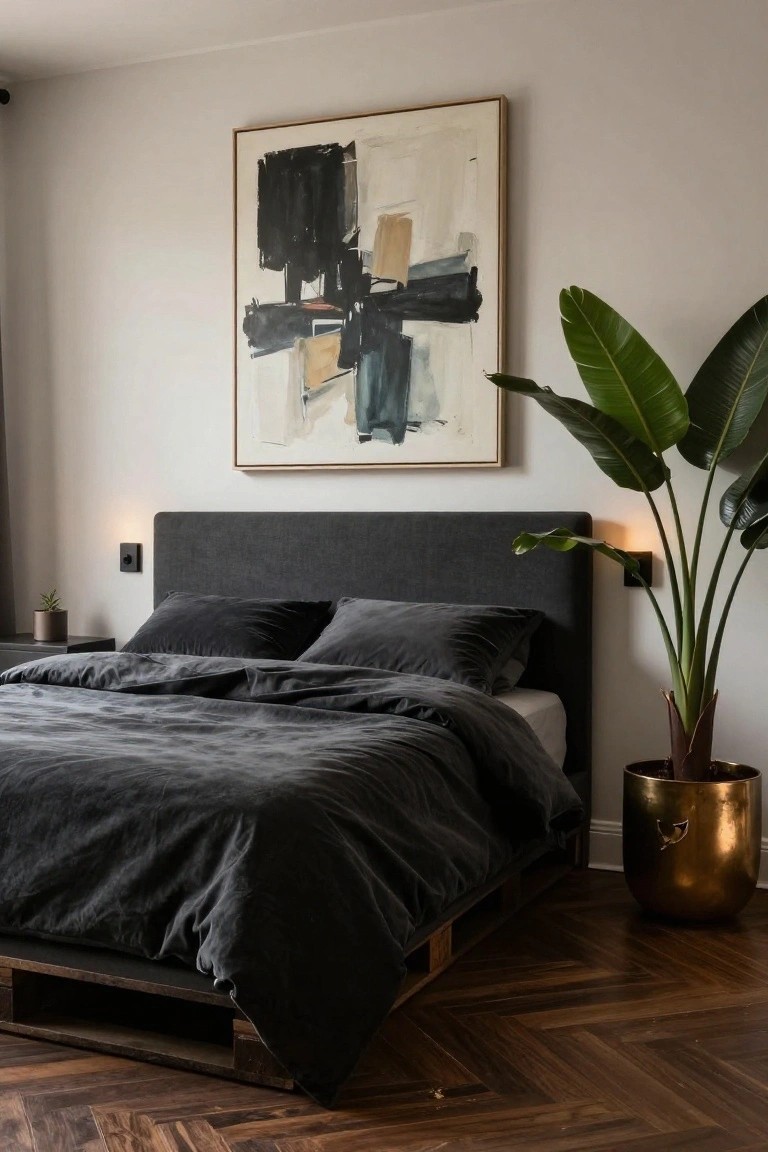 A modern bedroom with a low wooden pallet bed frame under dark gray velvet bedding and duvet, gray upholstered headboard, small nightstand, abstract painting on wall, and tall green banana plant in brass pot.