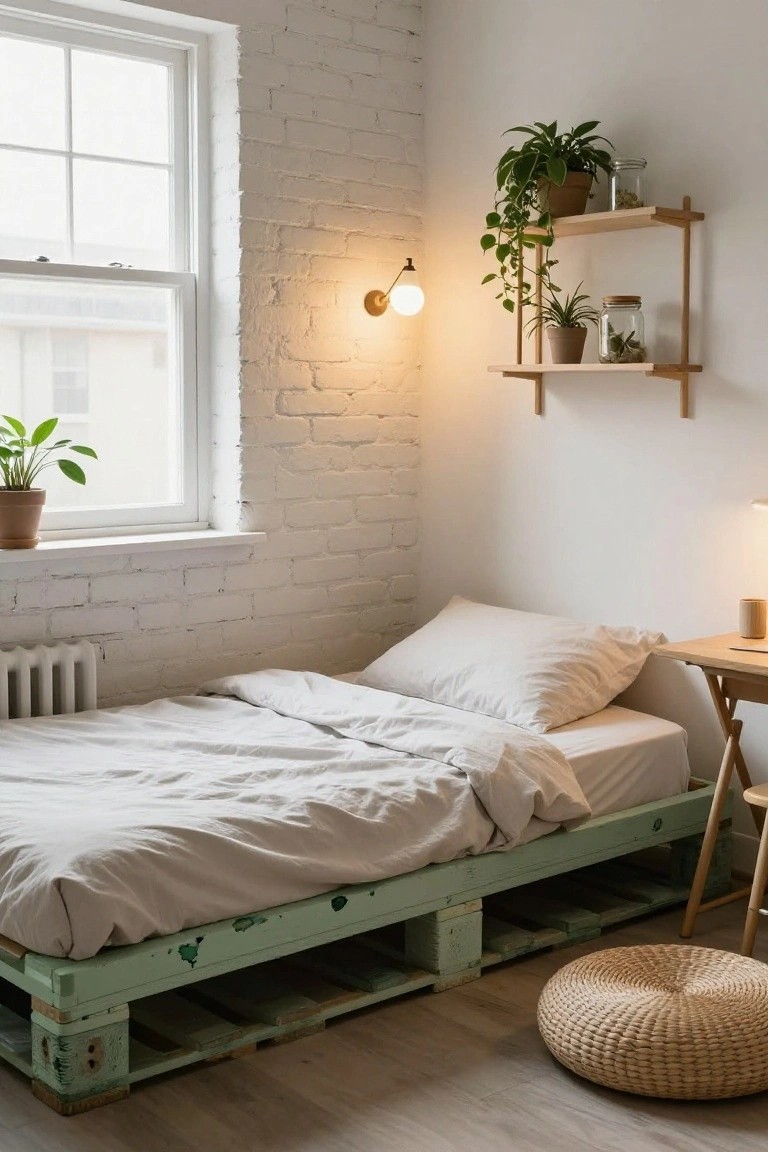 Small bedroom corner with mint green pallet bed frame holding white linens, white brick wall, potted plants on windowsill and wooden shelves, desk lamp, and woven pouf on wood floor.