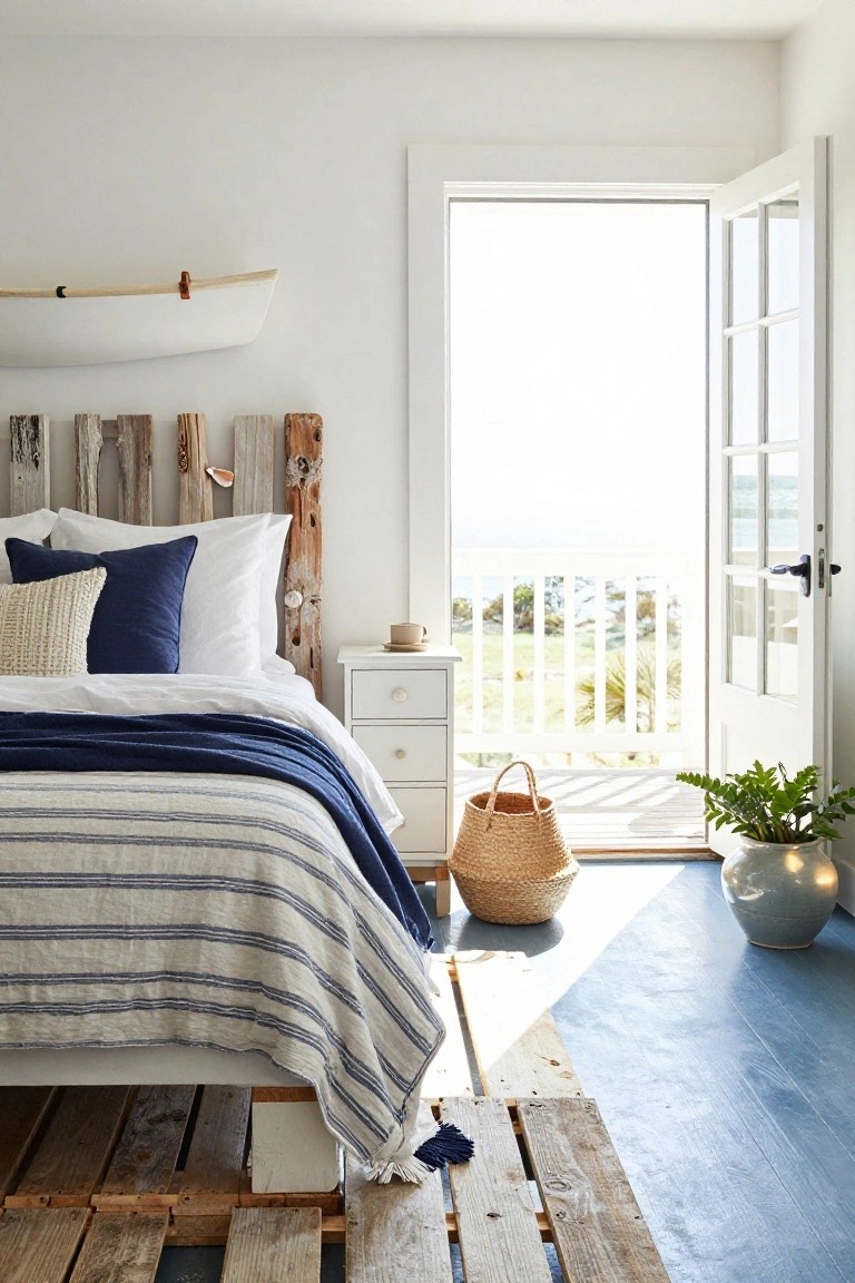 Bedroom with bed on wooden pallet frame, driftwood headboard, white bedding with navy throw and striped quilt, white nightstand, open French doors to balcony overlooking ocean and lawn, blue painted wood floor, potted plants nearby.