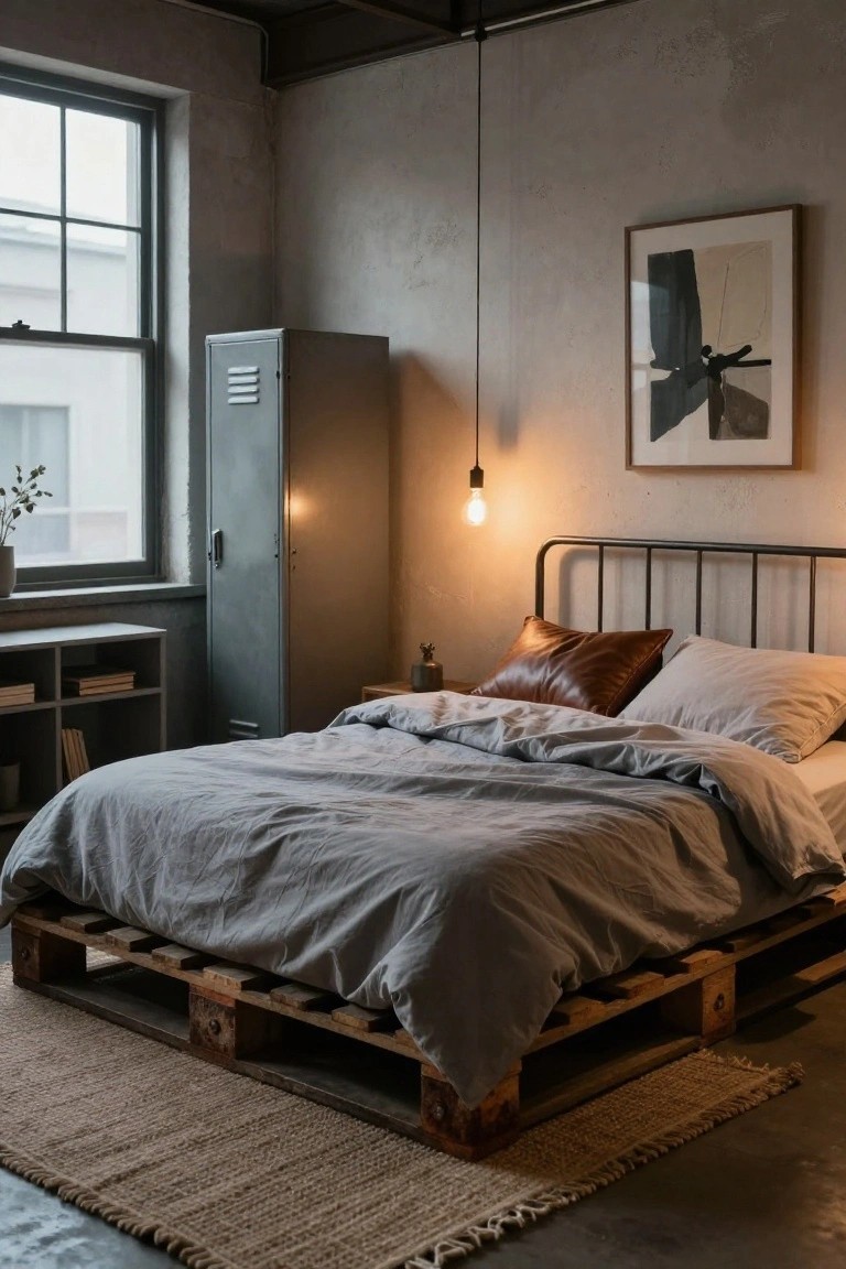 Bedroom interior featuring a low bed frame made from wooden pallets with gray linen bedding and pillows, black metal headboard, gray metal locker, pendant light, shelves, and potted plant against textured concrete walls and floor.