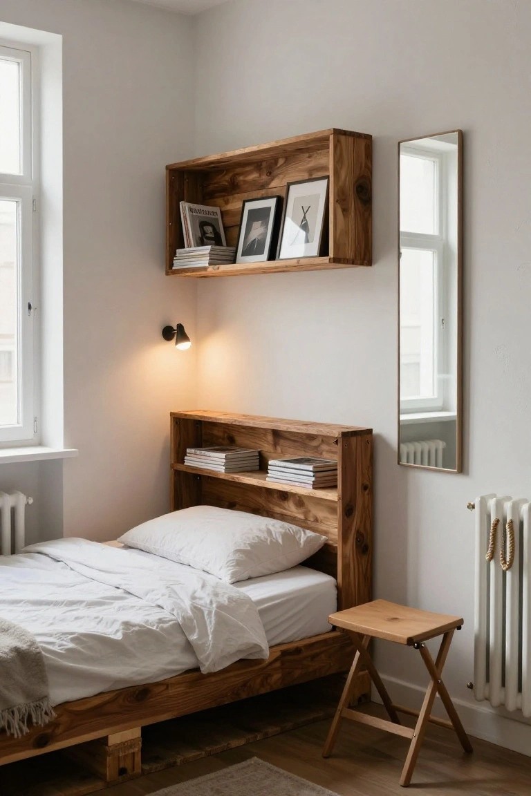 A cozy bedroom corner featuring a low wooden pallet bed frame with integrated open shelves at the headboard holding books and picture frames, white bedding, a wall-mounted lamp, slim mirror, and radiator beside a window.