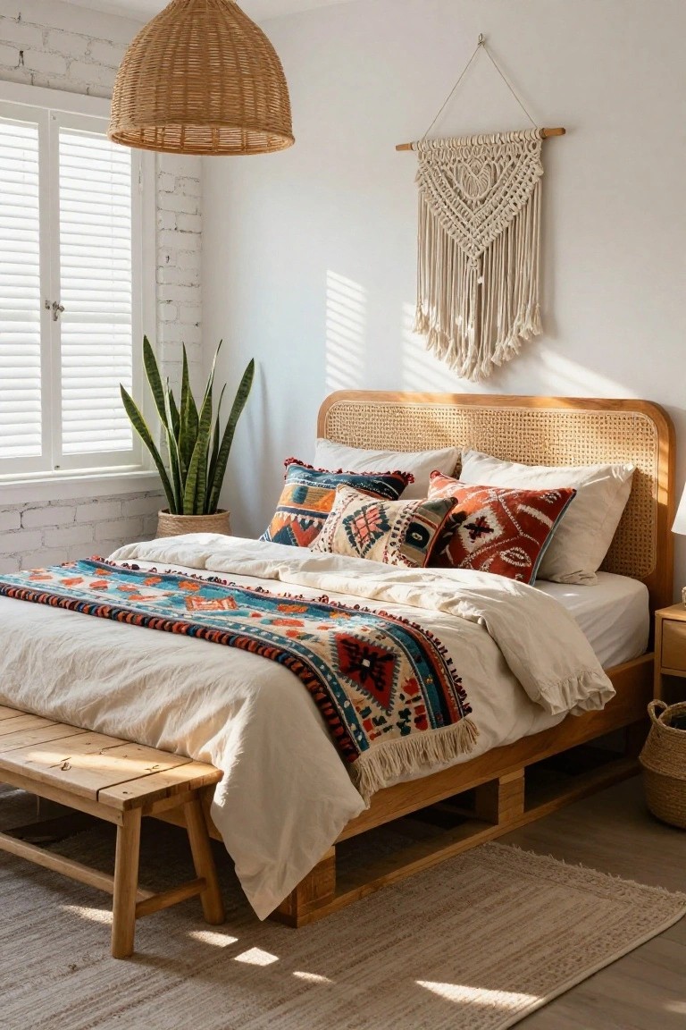 A sunlit bedroom with a wooden pallet bed frame elevated on blocks, rattan headboard, colorful patterned bedding and pillows, snake plant in basket, macrame wall hanging, and rattan pendant light above.