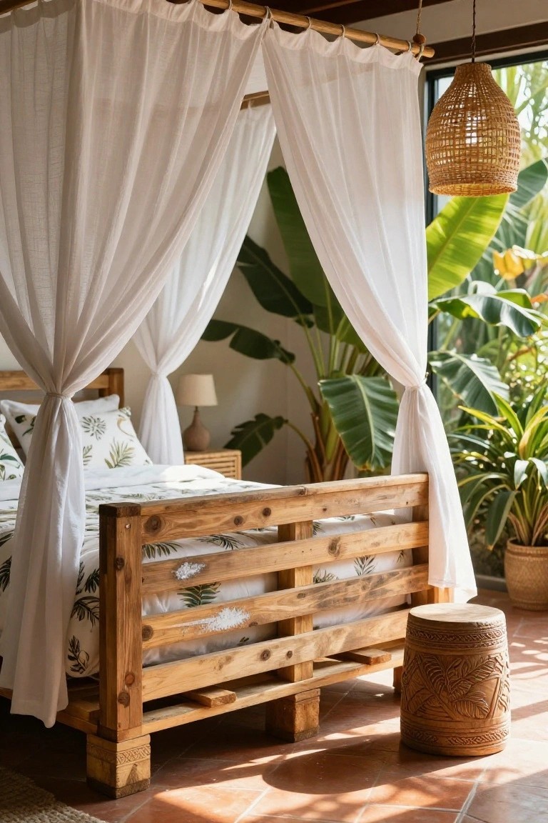 Wooden pallet bed frame with white sheer canopy drapes tied to bamboo posts, green leaf-patterned bedding, potted plants nearby, rattan stool, and lamp in a room with tiled floor and large windows.