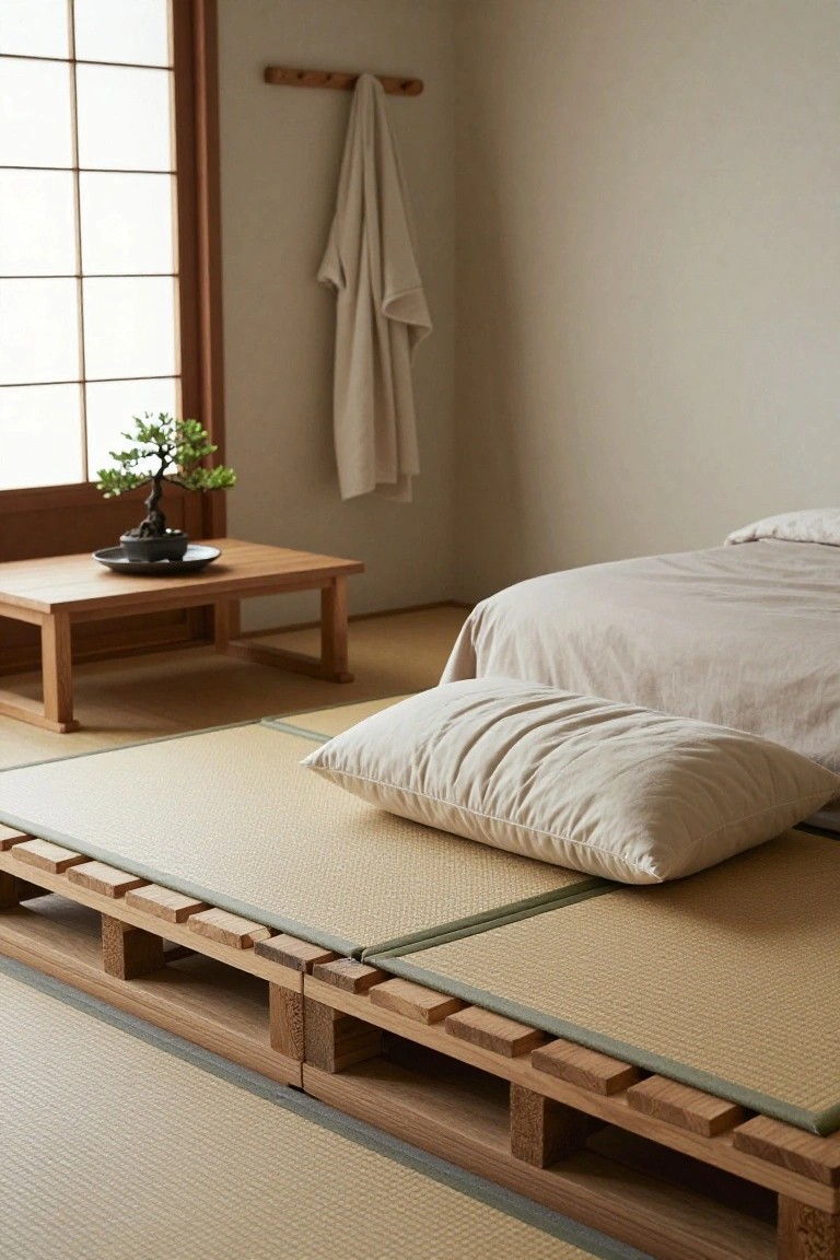 A minimalist bedroom with a low wooden pallet bed frame topped by beige tatami mats, a white pillow on the bed, a bonsai tree on a low wooden table, a draped towel on a wall hook, and shoji screen windows.