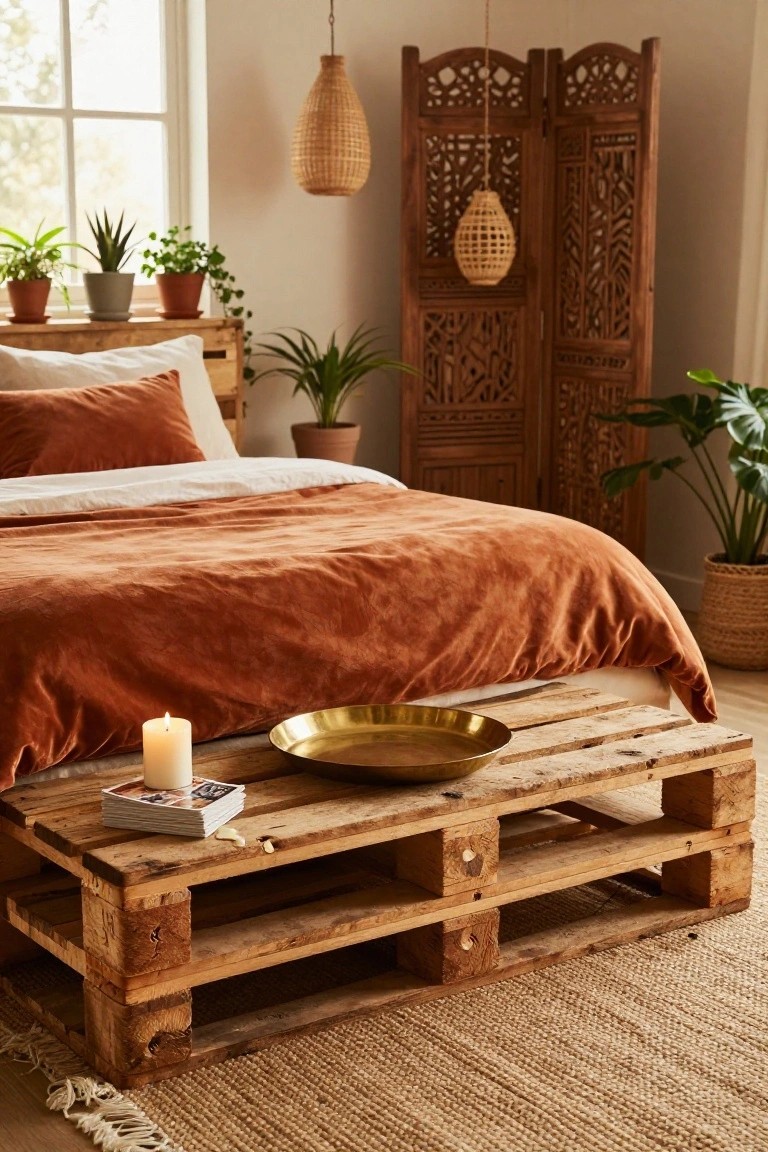 Bedroom with low wooden pallet bed frame topped by terracotta velvet bedding and white pillows, pallet coffee table with candle and brass tray, potted plants, and carved wooden room divider.