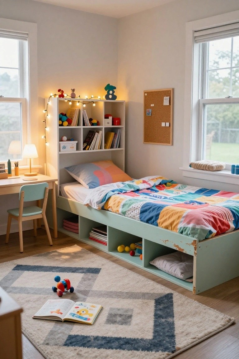 Child's bedroom with mint green pallet bed frame having storage cubbies and drawers underneath, colorful patchwork bedding, small wooden desk with chair, white bookshelves, and toys on patterned rug.