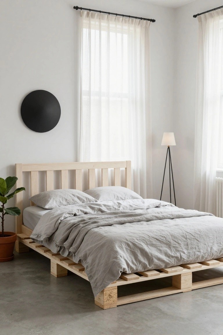 Minimalist bedroom with wooden pallet bed, gray linens, and sheer white curtains.