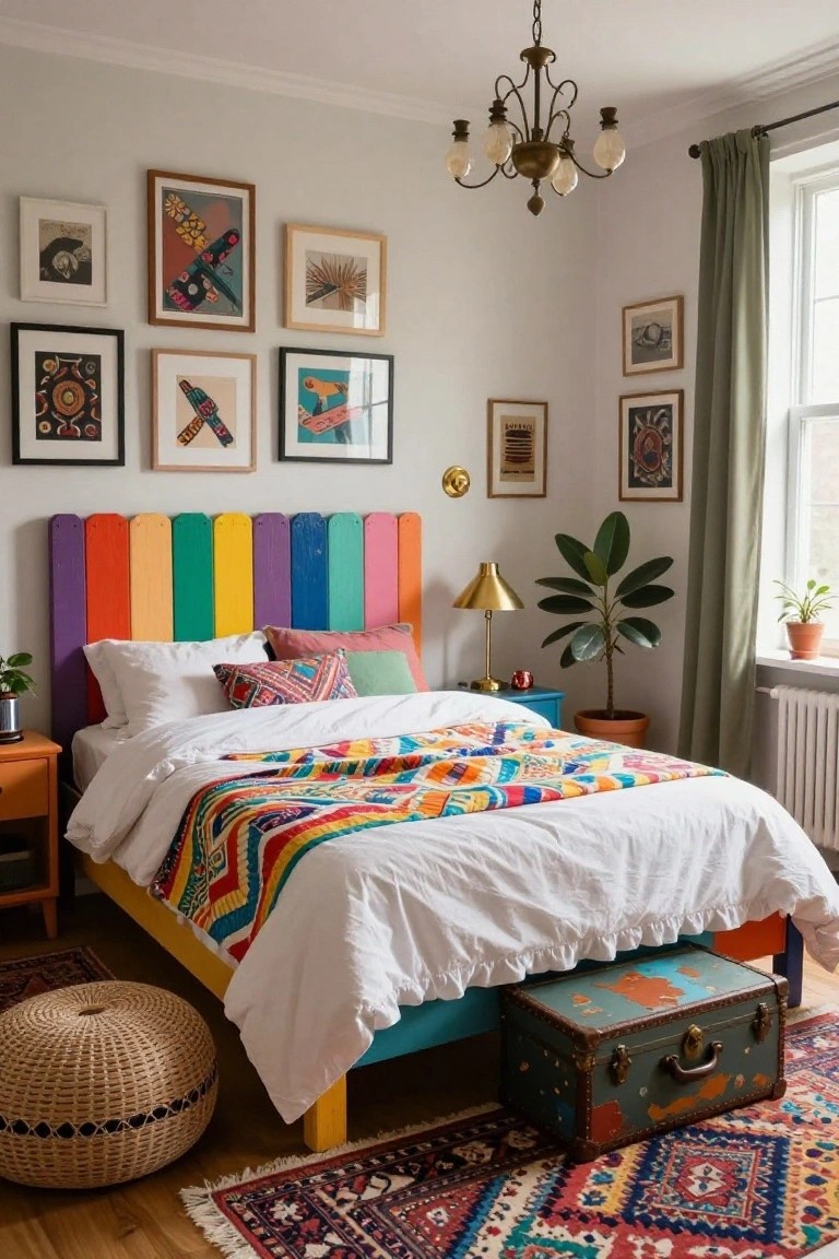 Bedroom with a bed frame featuring a headboard of vertical wooden slats painted in rainbow colors, white bedding with multicolored throw, orange nightstand, plants, wall art, and woven rug on wood floor.