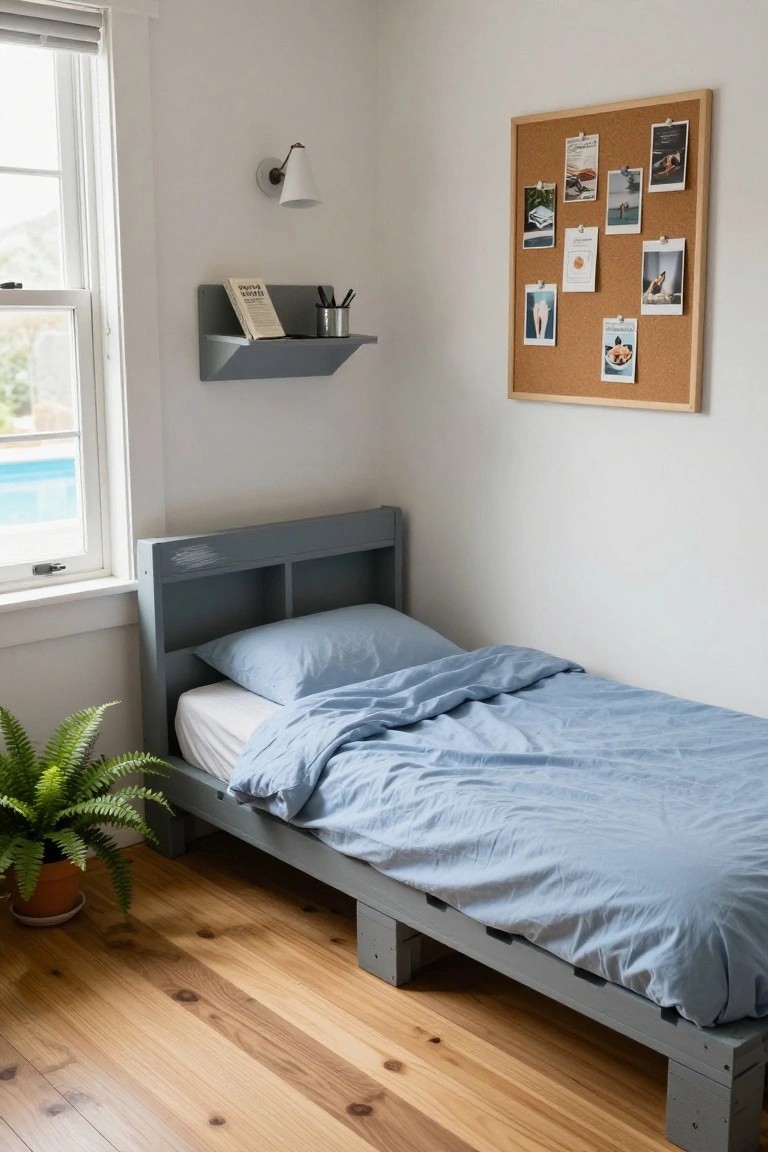 Gray pallet wood platform bed frame with light blue bedding and pillows in a white-walled bedroom corner, next to a window overlooking a pool, with corkboard, floating shelf, wall lamp, and potted fern on wooden floor.