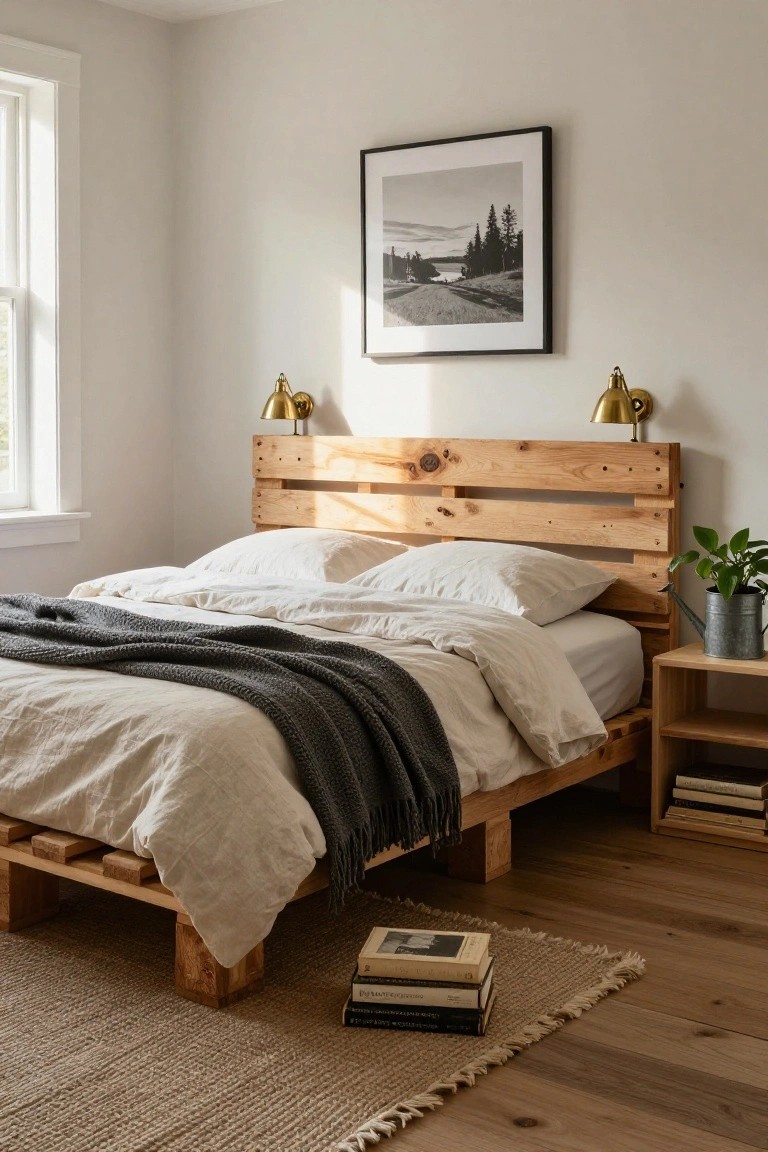 Bedroom interior with a wooden pallet bed frame raised on legs, featuring white linen bedding, gray knit throw, gold wall sconces, potted plant on nightstand, and books on the floor.