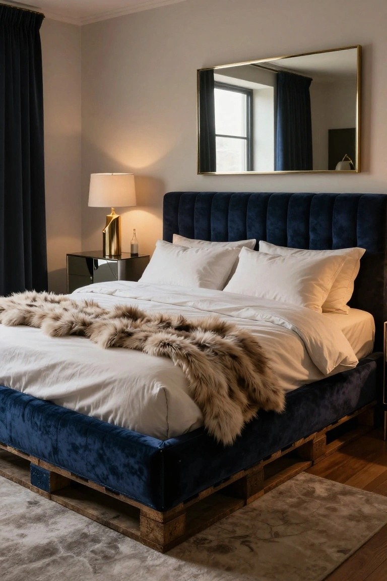 Bedroom with navy velvet tufted headboard and frame on wooden pallet base, white bedding with fur throw draped over it, gold lamp and nightstand beside the bed, large gold-framed wall mirror, and dark curtains over a window.