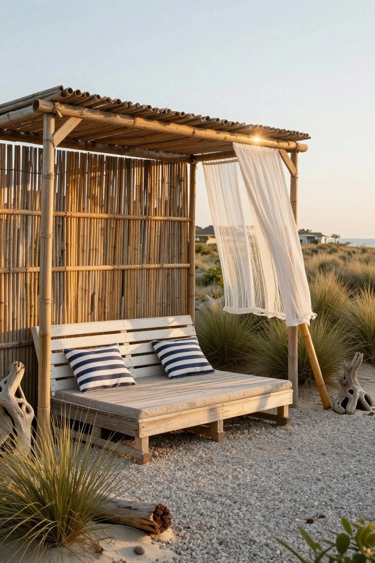Bamboo pergola with vertical pole screens and white sheer curtain enclosing a wooden daybed with blue striped pillows on gravel ground amid dune grass, driftwood, and distant sea view.