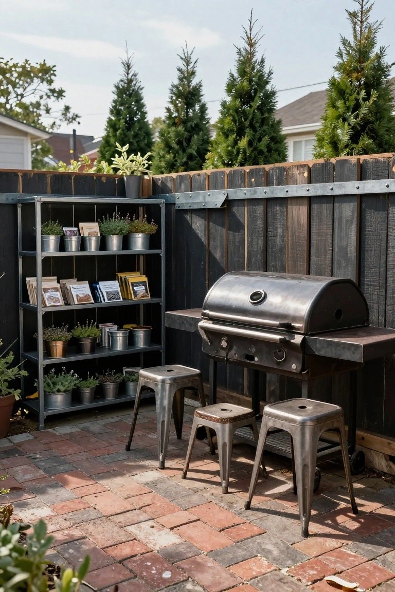 Backyard corner with metal grill on brick pavers, flanked by two metal stools, metal shelving unit stocked with potted plants and seed packets, against a tall dark horizontal wood slat fence.