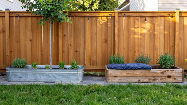 Backyard with wooden privacy fence, two rectangular wooden raised planters filled with rosemary and other herbs, metal buckets containing plants, string lights overhead, a small tree, and a wooden bench with blue cushions on grass.