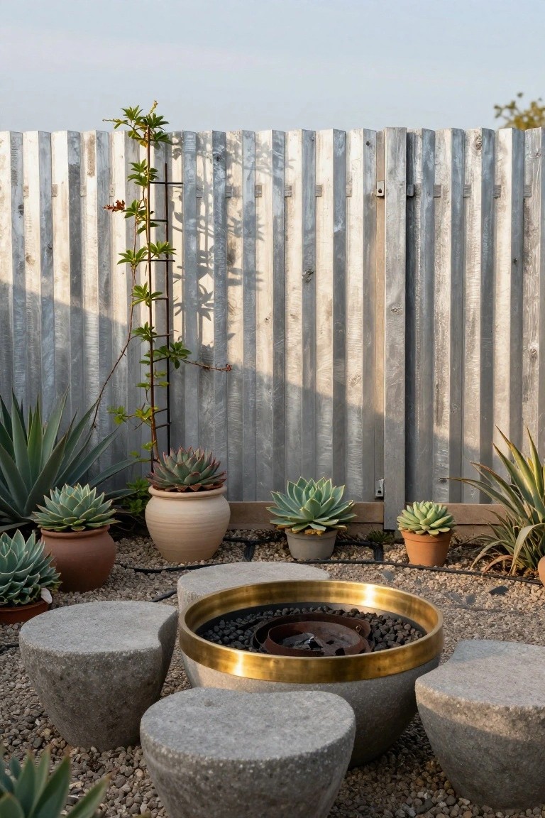 Gravel backyard patio with four large curved stone stools around a wide gold-rimmed fire pit bowl containing black lava rocks and a metal burner, potted succulents and agaves nearby, tall weathered corrugated metal fence with climbing vine on a trellis against a partly cloudy sky.