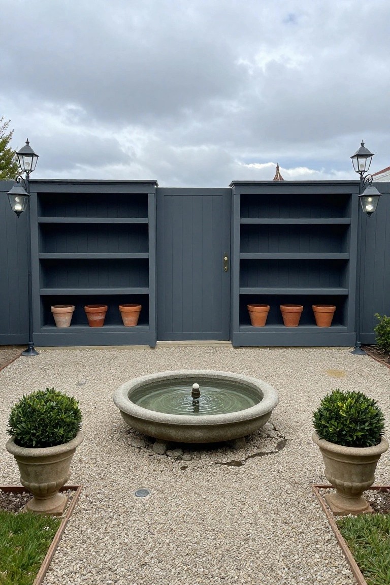 Dark gray wooden fence panels designed as open shelving units with terracotta plant pots on the shelves, flanking a central gray wooden gate, in a gravel courtyard with a stone fountain and boxwood shrubs in urns.