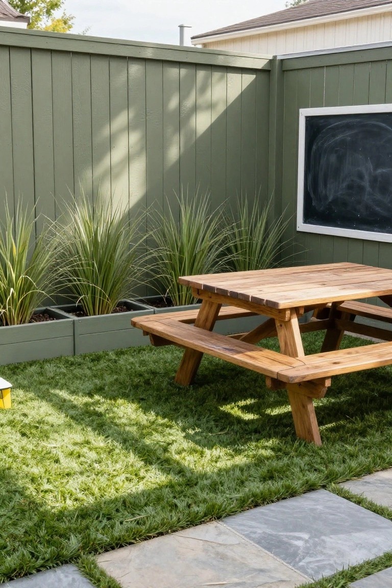 Green vertical board wooden fence in a backyard with matching green wooden planters along the base filled with tall variegated grasses, a wooden picnic table and benches on artificial turf grass nearby, stone pavers, and a white-framed chalkboard mounted on the fence.