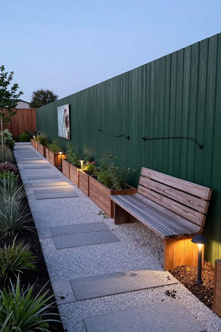 Gravel backyard path with stone slabs lined by tall wooden planters filled with herbs against a green wooden slat fence, including a wooden bench built into one planter end and ground-level lights along the way.