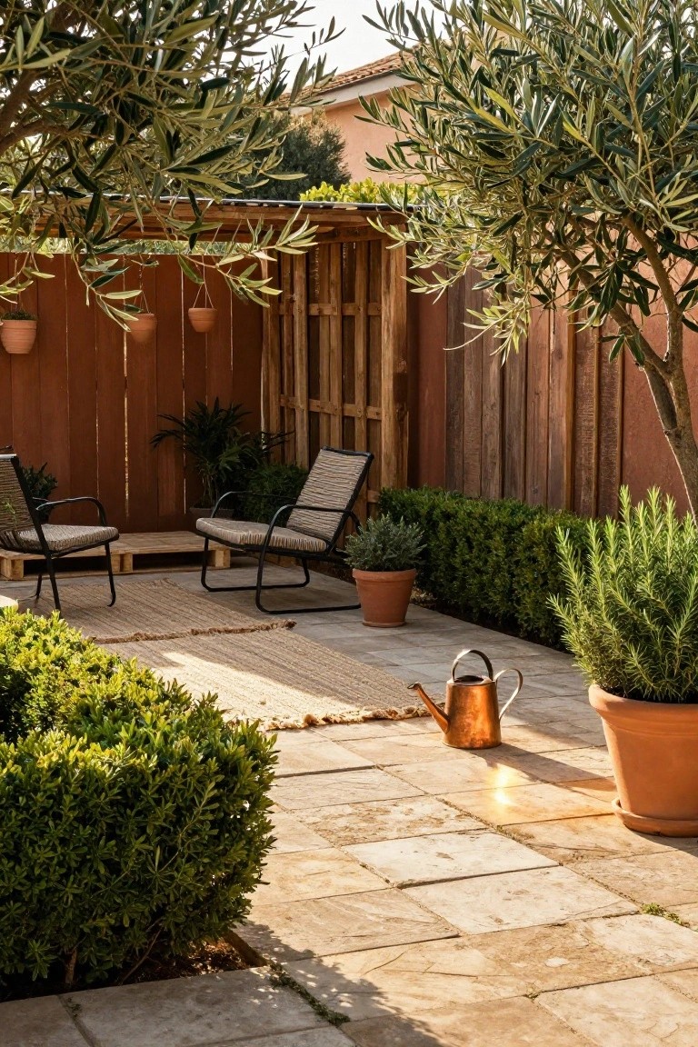 Backyard patio area with two armchairs on a seagrass rug, surrounded by potted plants including rosemary and olive trees, low boxwood hedges, a copper watering can on terracotta tiles, and a rustic wooden slat fence with pergola overhead.