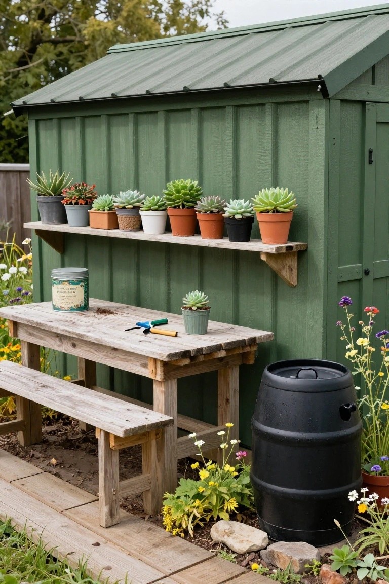Green wooden garden shed with wooden shelves lined with potted succulents, rustic wooden picnic table and bench on a boardwalk path beside it, black lidded rain barrel, paint tin and gardening tools on the table, and colorful flowers and plants around the area.