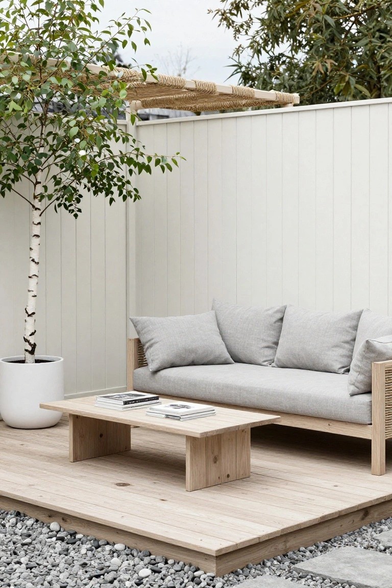 Wooden deck platform with low gray outdoor sofa, wooden coffee table holding magazines, white potted birch tree, and white vertical board fence in backyard with gravel and stone path.