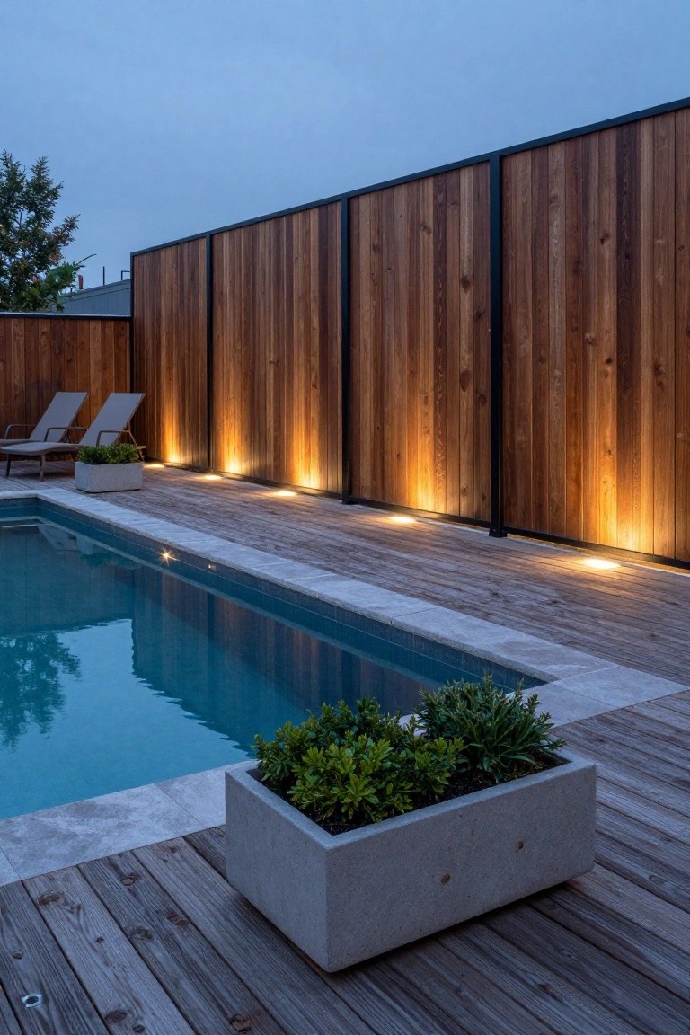 Dusk view of a pool with light gray stone coping and wooden decking nearby, two lounge chairs, a concrete planter with green shrubs, and a tall wooden slat fence with black metal frames lit by uplights along the base and deck.