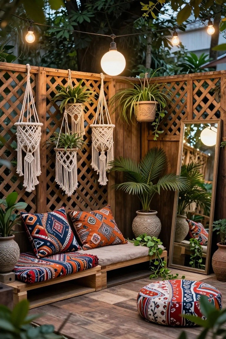 Wooden lattice fence with hanging macrame plant baskets in a backyard outdoor seating area featuring a pallet bench with patterned cushions, potted plants, a large mirror, and string lights at dusk.