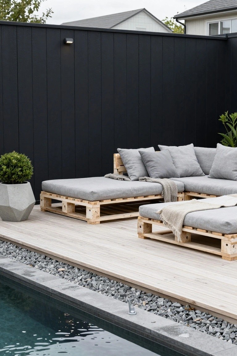 Tall black wooden pallet fence beside a swimming pool, with gray-cushioned pallet seating on a light wood deck, a geometric concrete planter with a green shrub, and gravel edging.