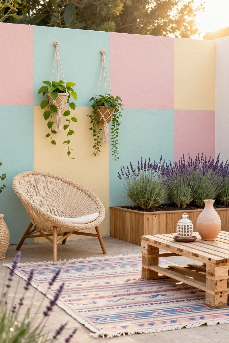 Color-block painted fence in pastel teal, pink, yellow, and cyan panels with hanging plants, rattan armchair, wooden pallet coffee table, lavender planters, terracotta pots, and woven outdoor rug on a patio.