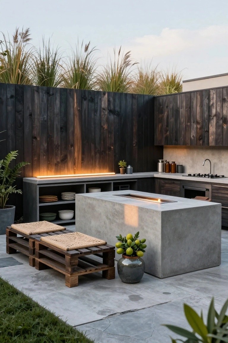 Outdoor concrete kitchen island with built-in linear gas fire pit and two pallet wood stools with cushions, flanked by dark wood slat fence, potted plants, and tall ornamental grasses.