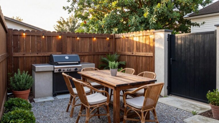 Backyard outdoor dining area enclosed by wooden slat fence with string lights, featuring rectangular wooden table, rattan chairs with cushions, black barbecue grill, potted plants, and gravel ground.